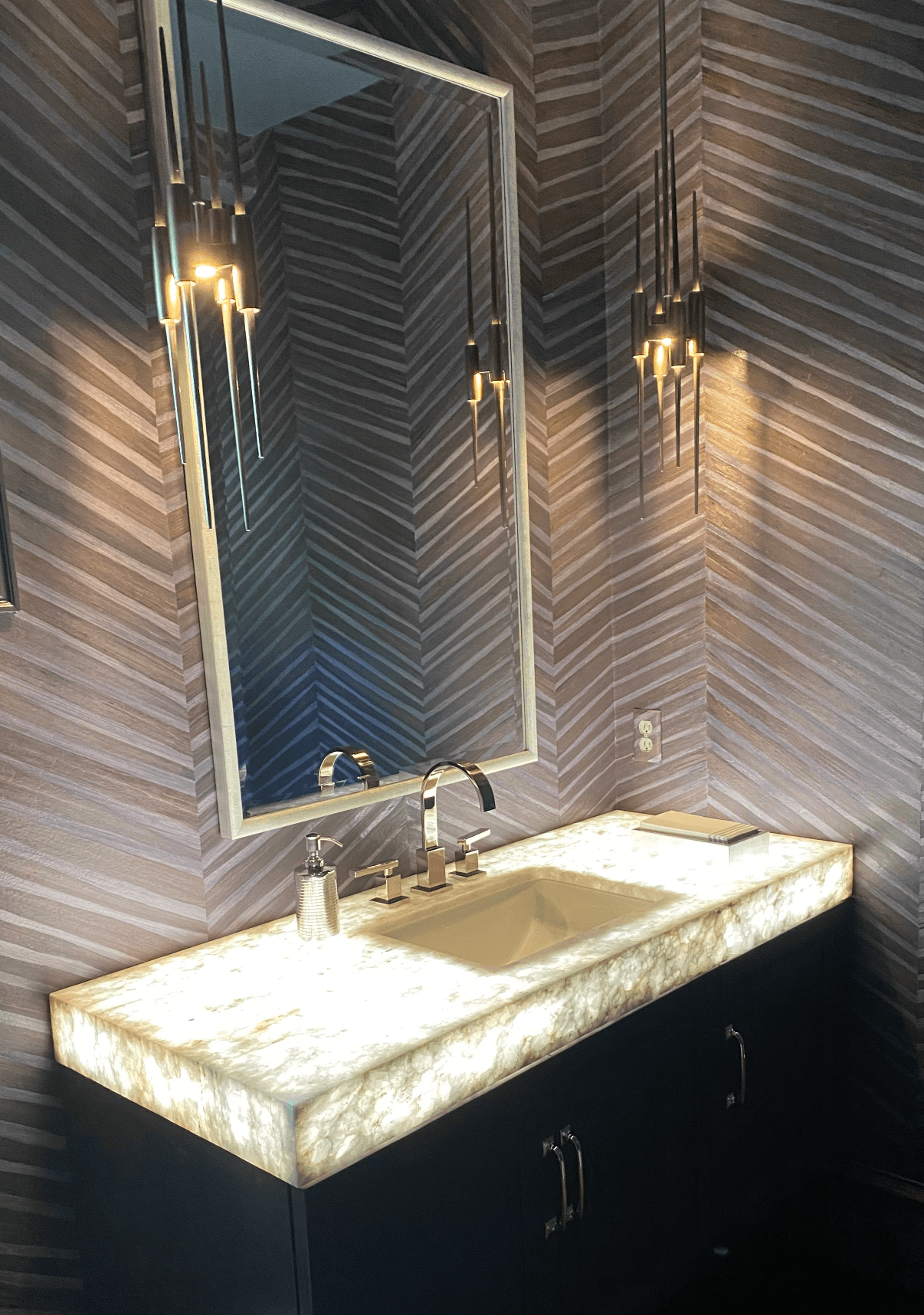 Luxury bathroom featuring Cristallo quartzite countertop